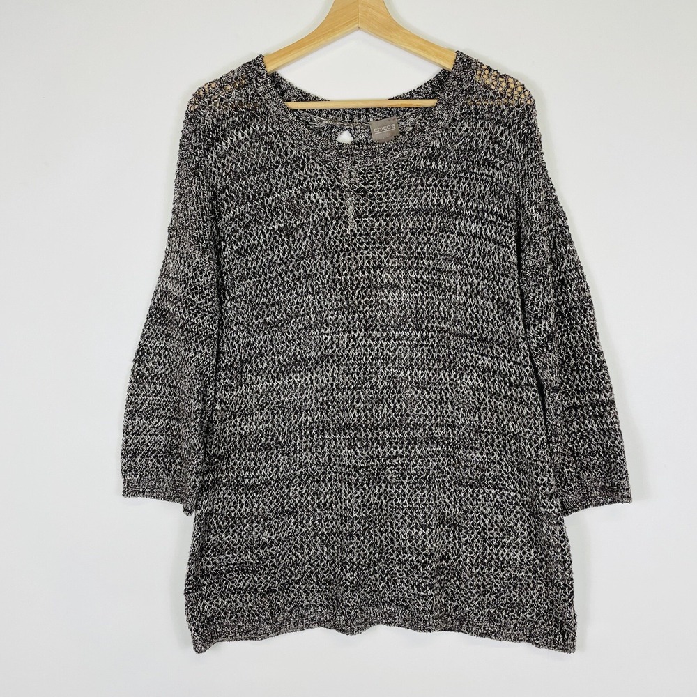 Chico's Womens 2 Large 12 Brown White Sweater Beachy Coastal Casual Quiet Luxury